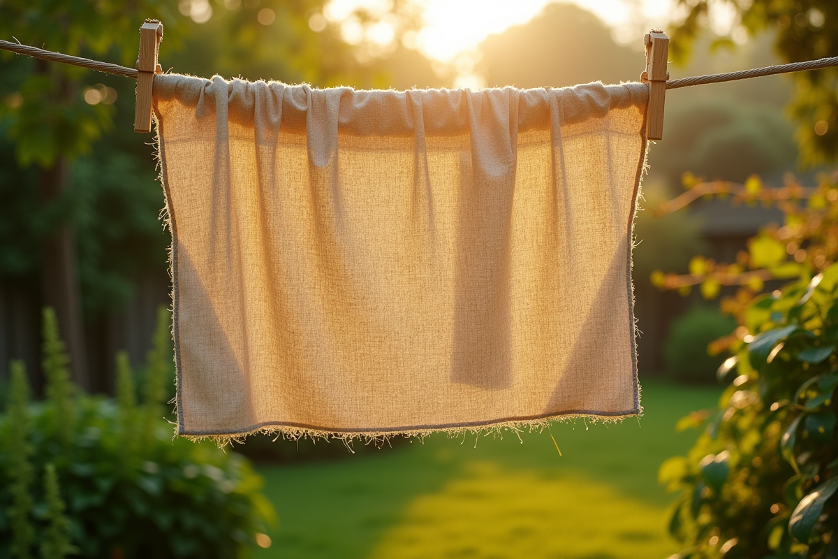 Vêtement en fibre naturelle cousu main suspendu dans un jardin ensoleille