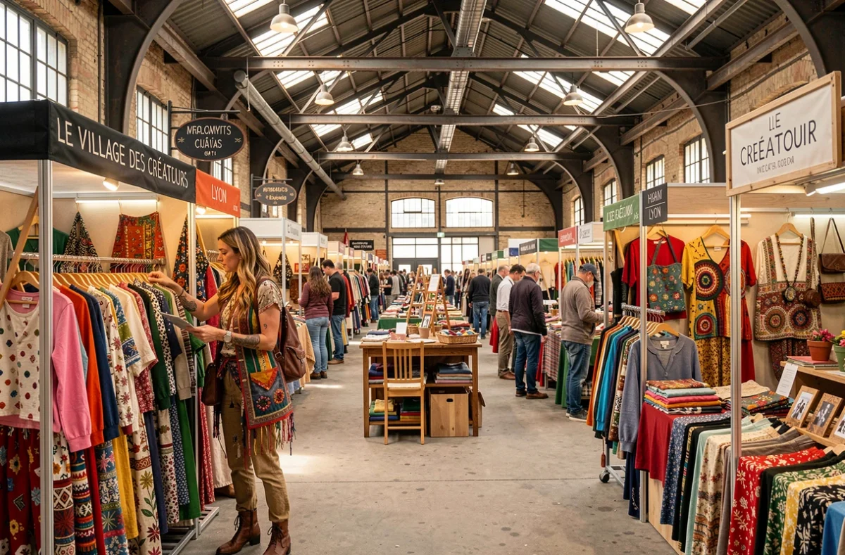Femme au style éclectique explorant les créations artisanales au Village des Créateurs à Lyon