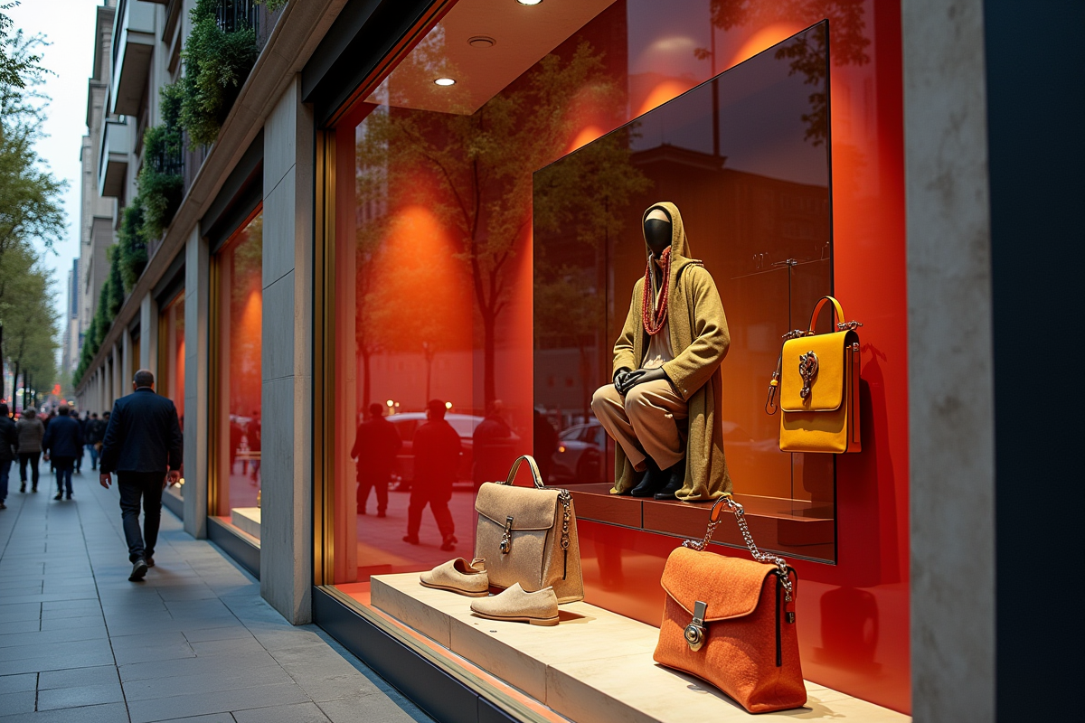 Vitrine de boutique de luxe avec sacs et chaussures en édition limitée