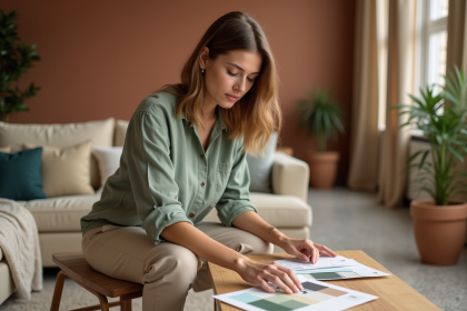 Femme arrangeant des échantillons de couleurs dans un salon tendance